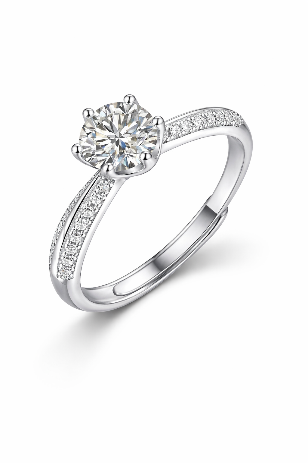 Hera Ring – Zirkonia in majestätischer Kronenfassung mit sechs Zinken und doppelter Pavé-Schiene mit glattem Mittelsteg, Edelstahl mit Platinbeschichtung