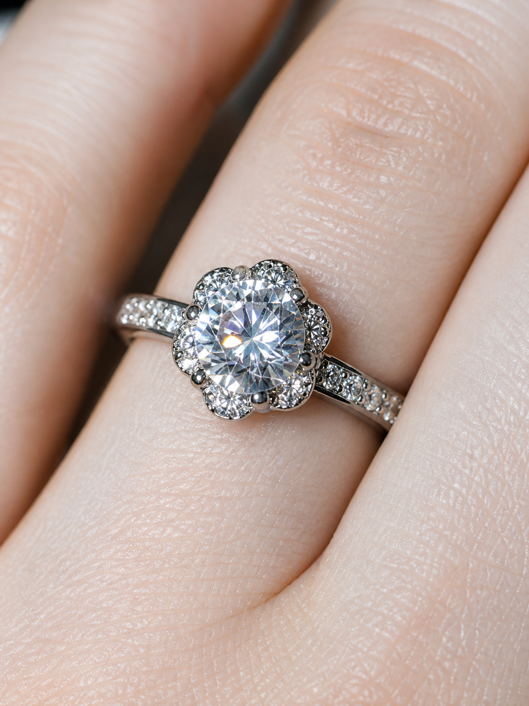 Flora Ring – Zirkonia mit Sechskrallen und floralem Pavé-Halo, Pavé-Schiene, Edelstahl mit Platinbeschichtung