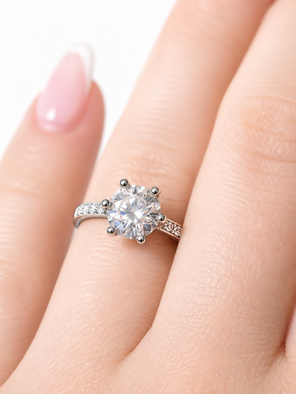 Aphrodite Ring – Zirkonia-Solitär mit Sechskrallen-Fassung und Pavé-Besatz, Edelstahl mit Platinbeschichtung