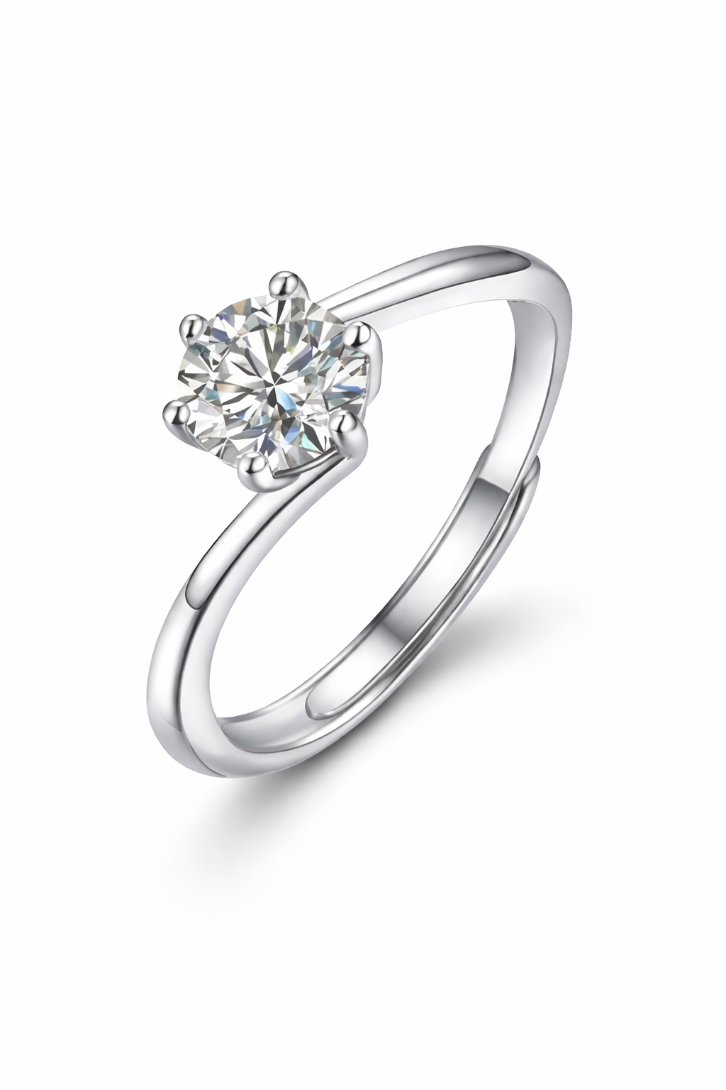 Vesta Ring – Zirkonia mit Sechskrallen auf asymmetrisch verlaufender, glatter Ringschiene, Edelstahl mit Platinbeschichtung