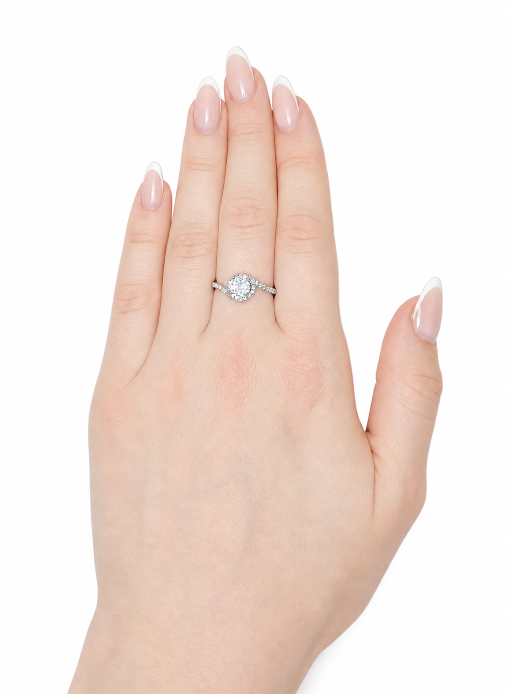 Athena Ring – Zirkonia mit Vierzackenfassung und mandelförmigem Pavé-Rahmen, Edelstahl mit Platinbeschichtung