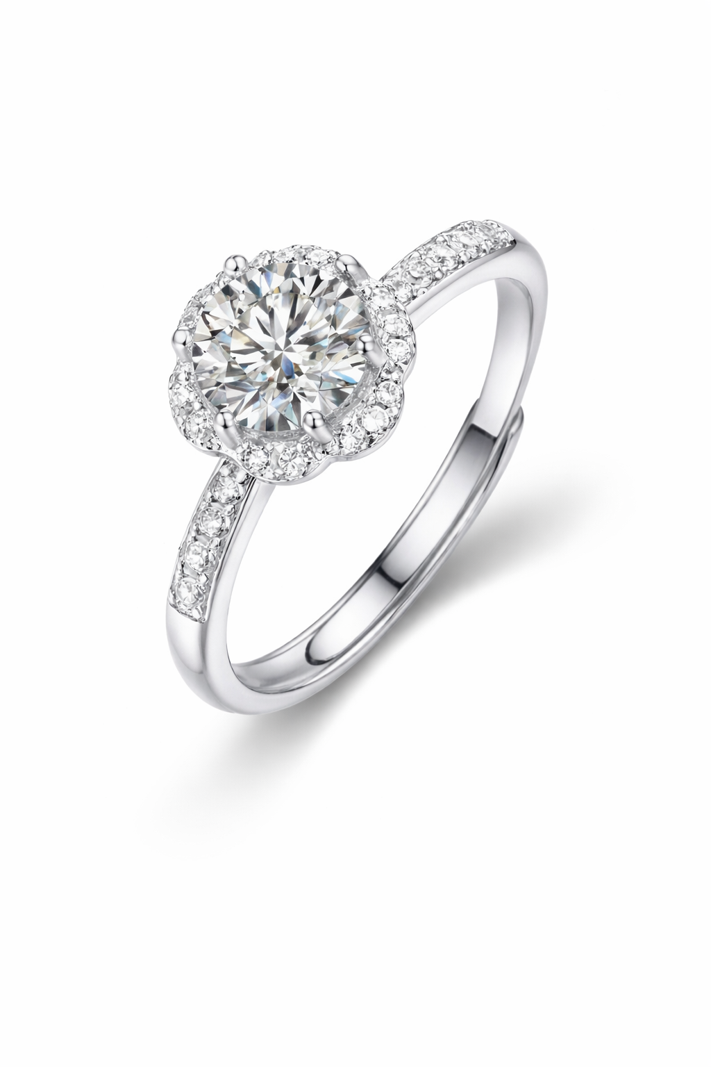 Flora Ring – Zirkonia mit Sechskrallen und floralem Pavé-Halo, Pavé-Schiene, Edelstahl mit Platinbeschichtung