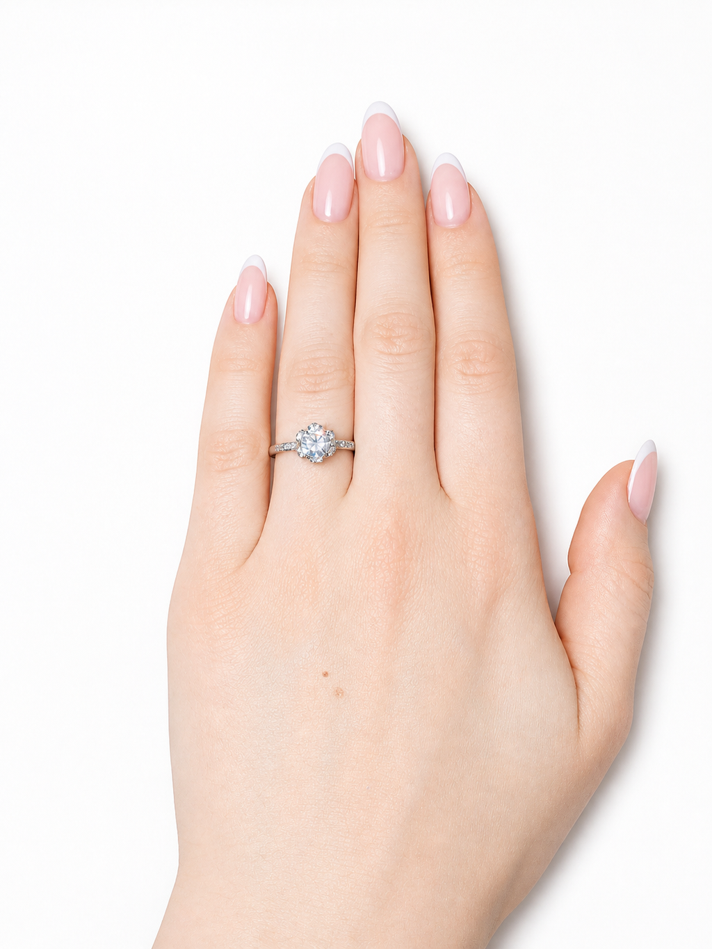 Flora Ring – Zirkonia mit Sechskrallen und floralem Pavé-Halo, Pavé-Schiene, Edelstahl mit Platinbeschichtung