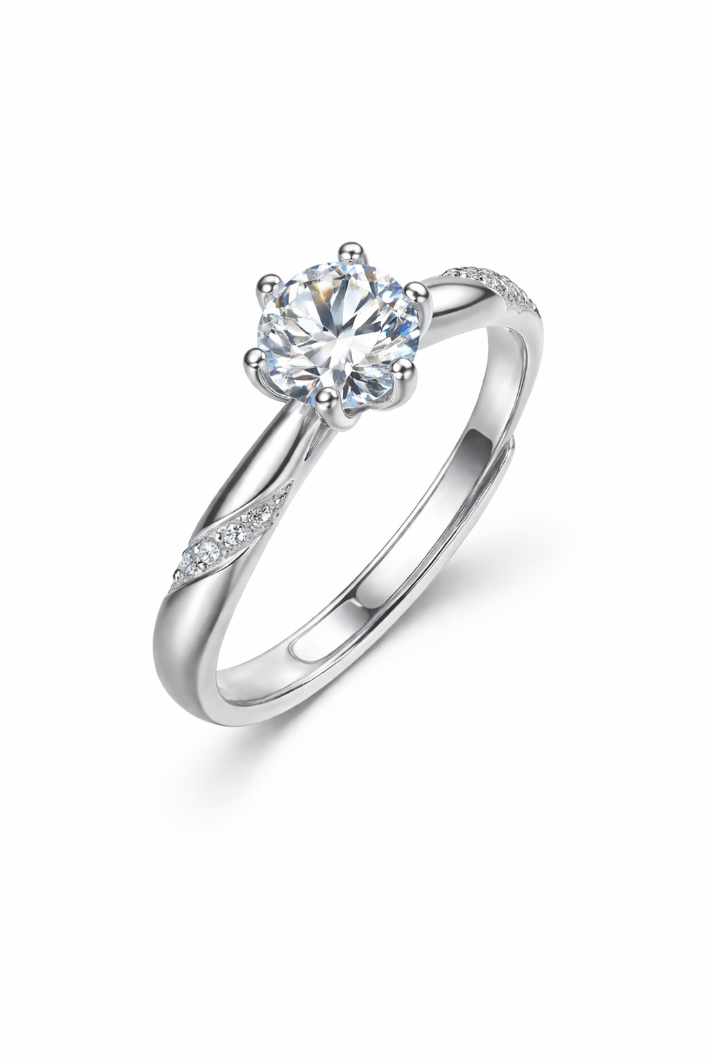 Theia Ring – Zirkonia mit Sechskrallen auf glatter Ringschiene mit zwei symmetrischen Pavé-Steinreihen, Edelstahl mit Platinbeschichtung