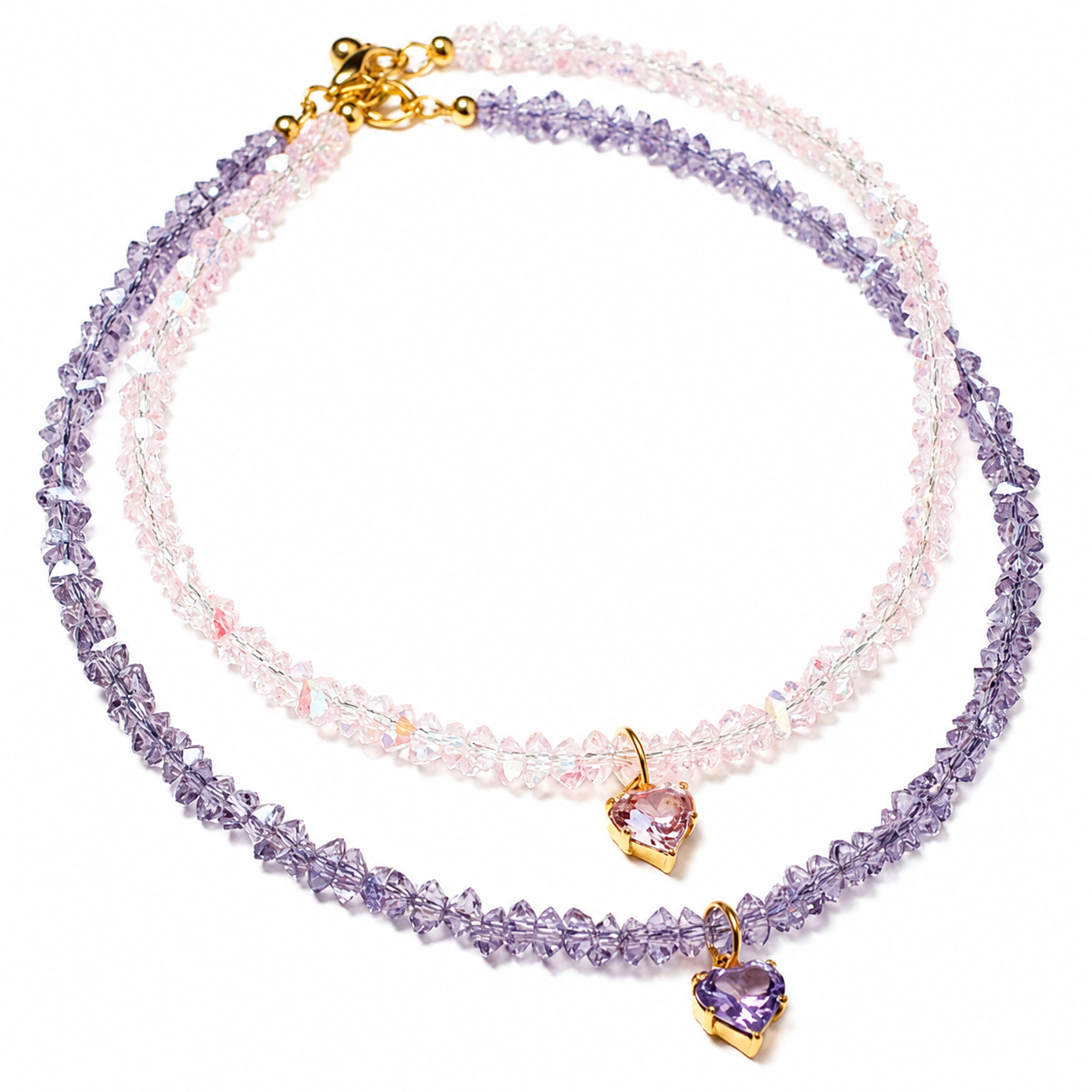 Kristall Herz Collier Set – Rosa & Lila