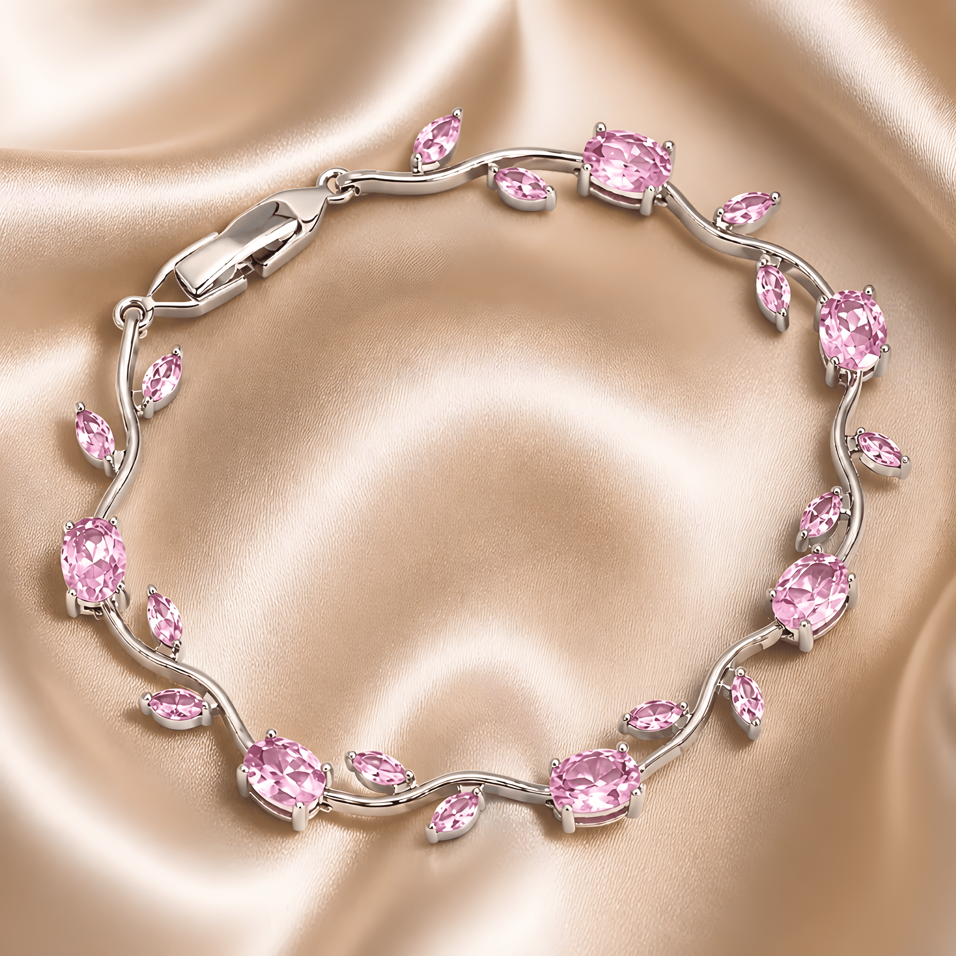 Tulipa Rose Armband Silber mit rosafarbenen Zirkonia auf Seidenstoff, Lifestyle-Aufnahme