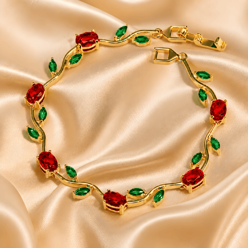 Tulipa Rouge Armband mit 18K Goldvergoldung und roten Zirkonia-Steinen in Oval- und Marquise-Schliff, Alextra Jewelry