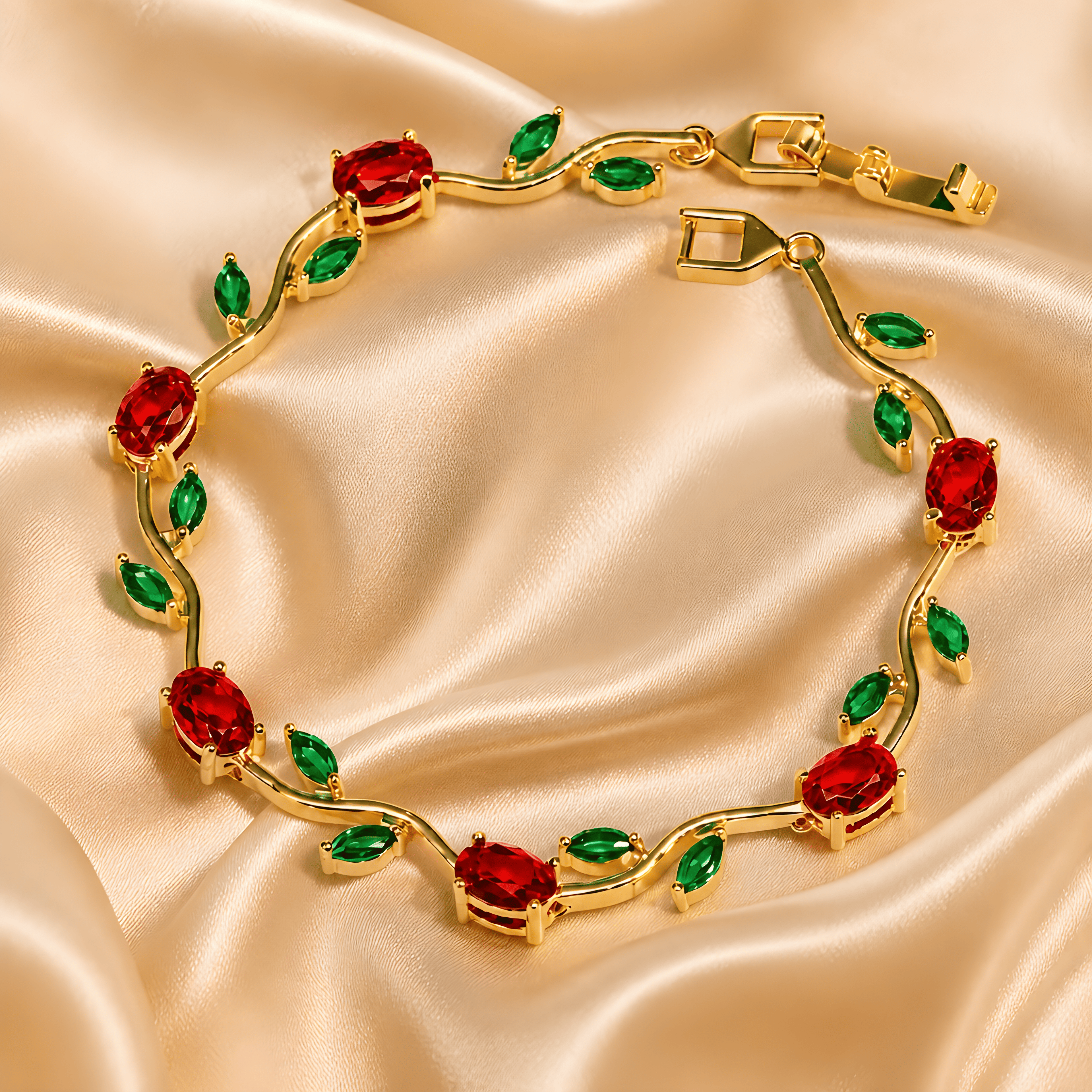 Tulipa Rouge Armband mit 18K Goldvergoldung und roten Zirkonia-Steinen in Oval- und Marquise-Schliff, Alextra Jewelry
