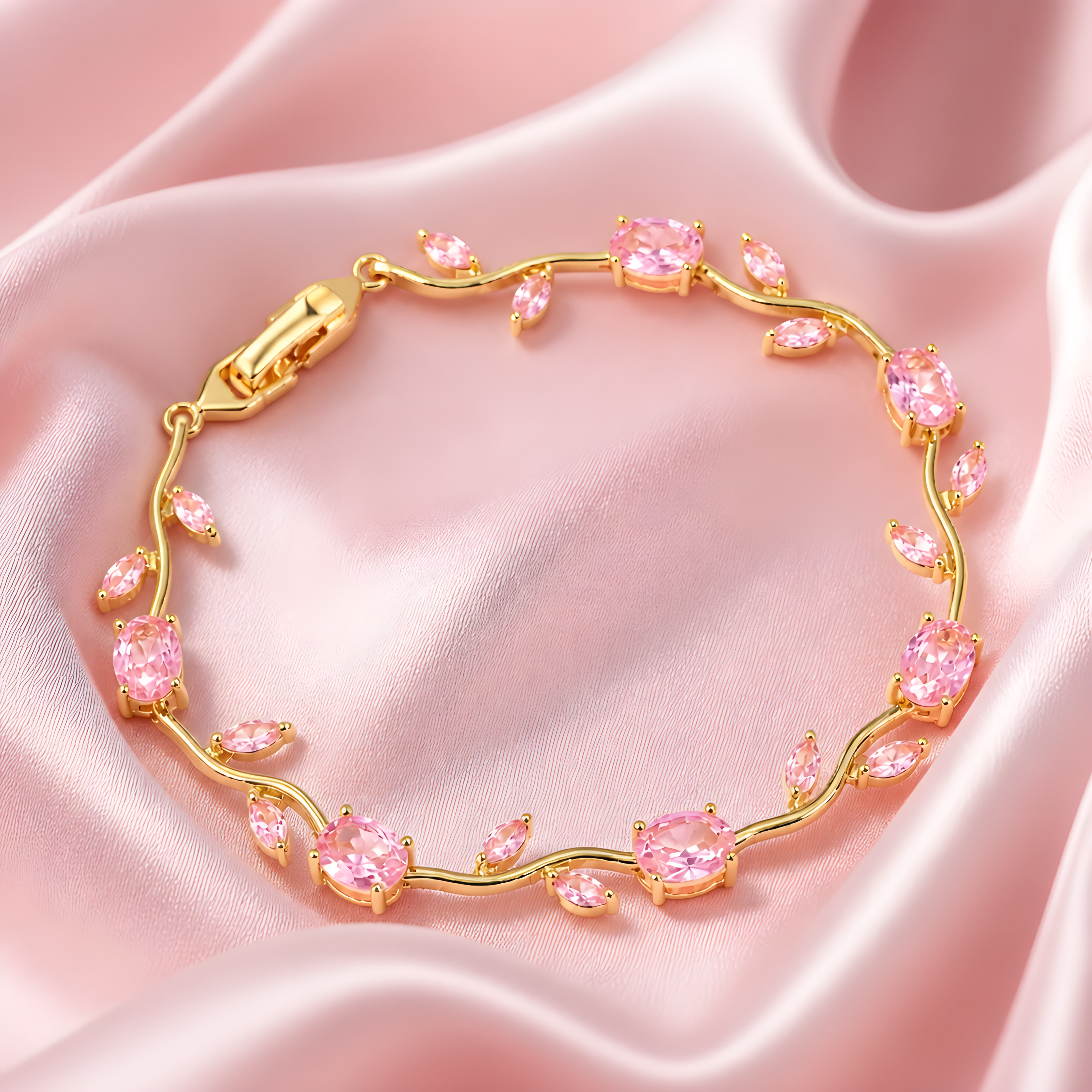 Tulipa Rose Armband Gold mit rosafarbenen Zirkonia auf rosa Seidenstoff, Lifestyle-Aufnahme