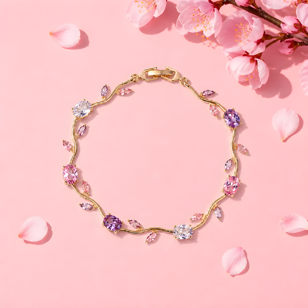Tulipa Bloom Armband mit 18K Goldvergoldung auf rosa Hintergrund mit Kirschblüten, Lifestyle-Aufnahme