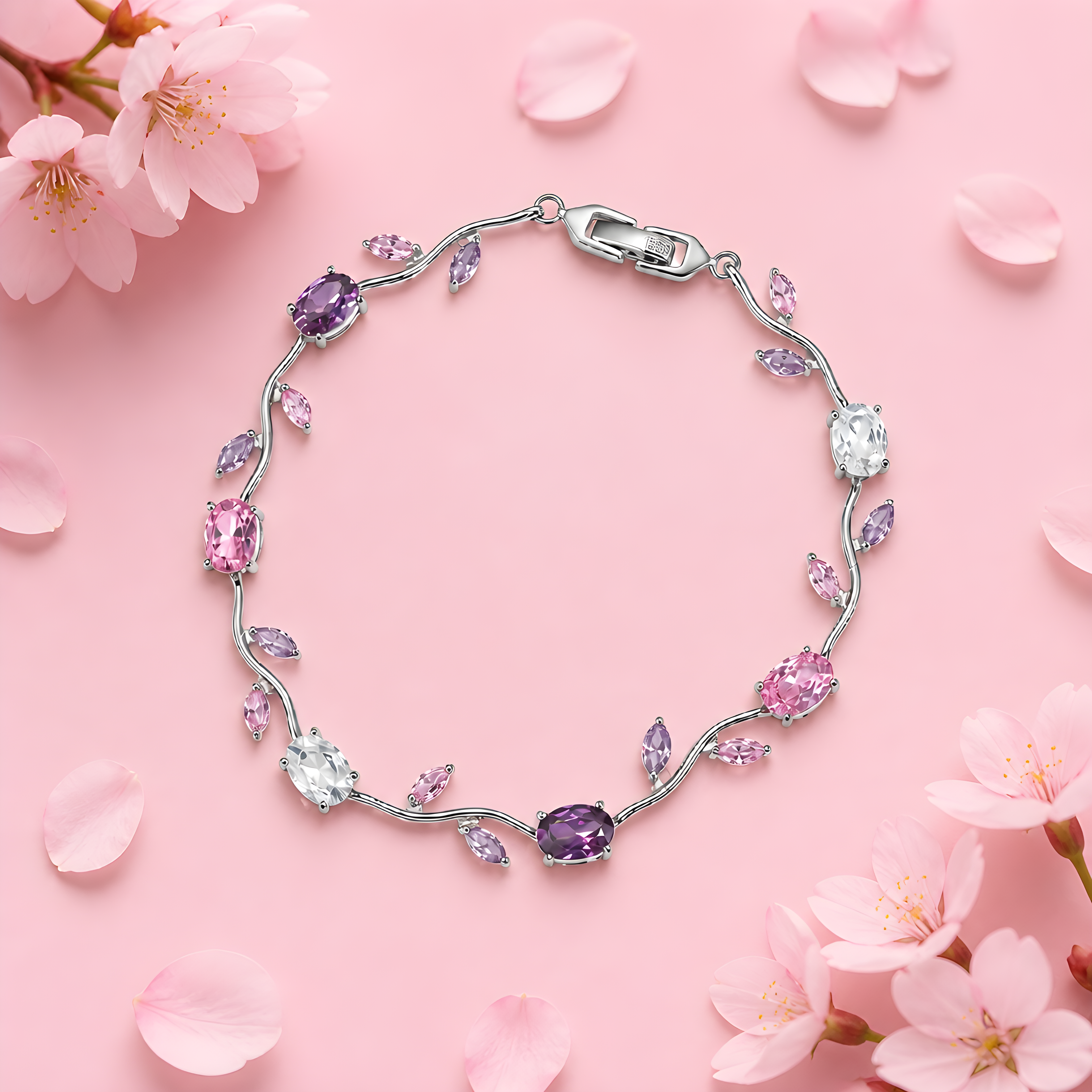 Tulipa Bloom Armband in silberfarbener Ausführung auf rosa Hintergrund mit Kirschblüten, Lifestyle-Aufnahme