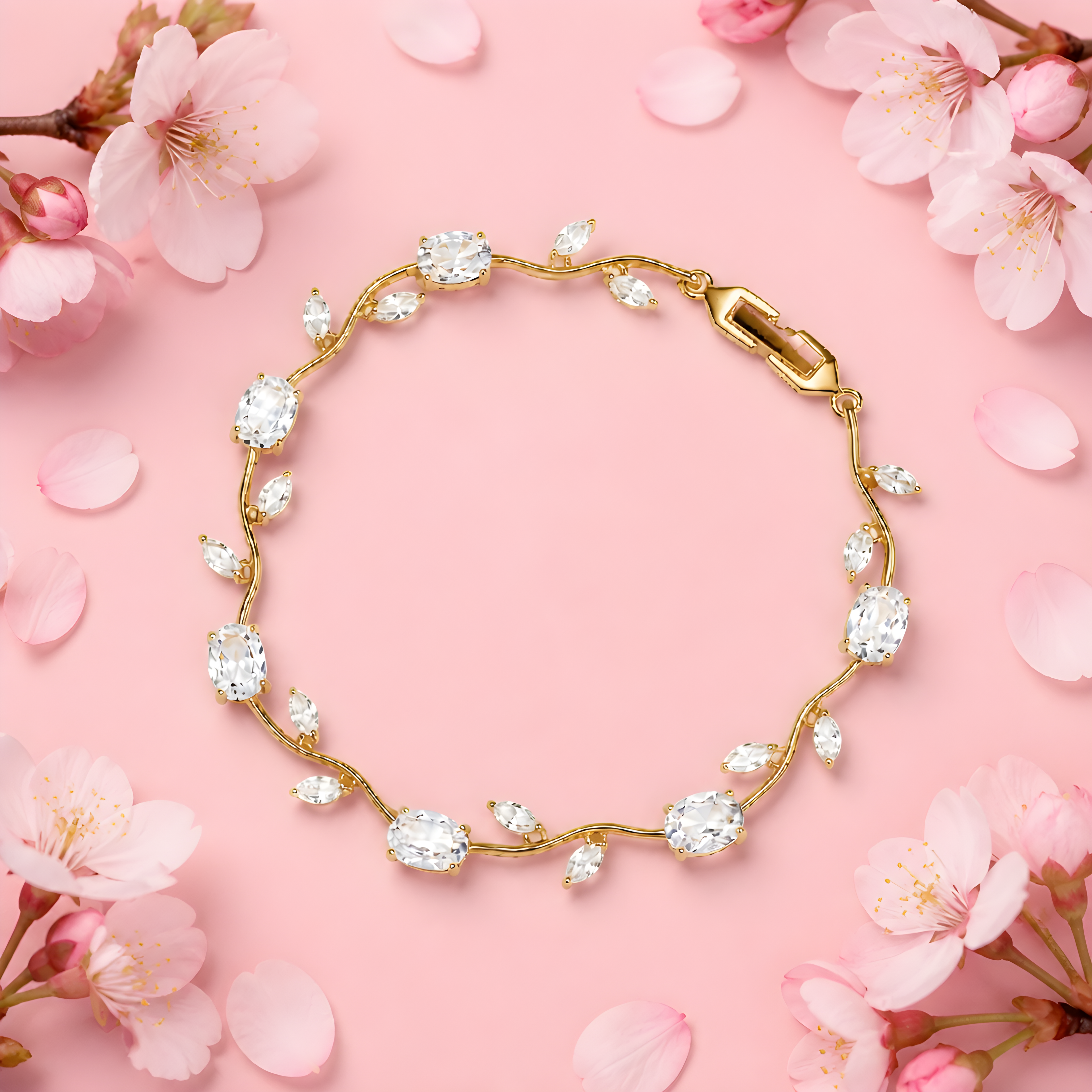 Tulipa White Armband mit 18K Goldvergoldung auf rosa Hintergrund mit Kirschblüten, Lifestyle-Aufnahme