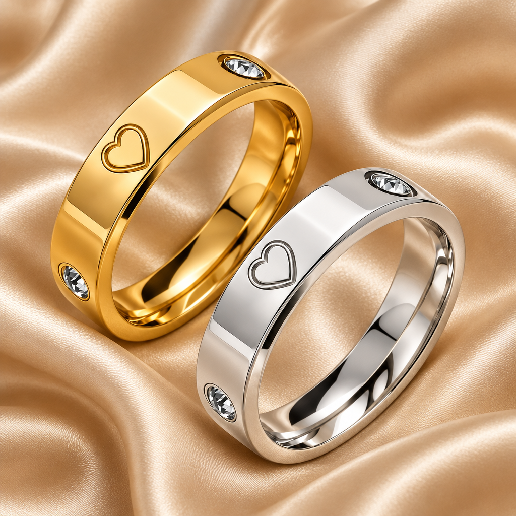 Goldfarbener und silberfarbener Juliette Ring mit Herzmotiven und Zirkonia auf champagnerfarbenem Satin