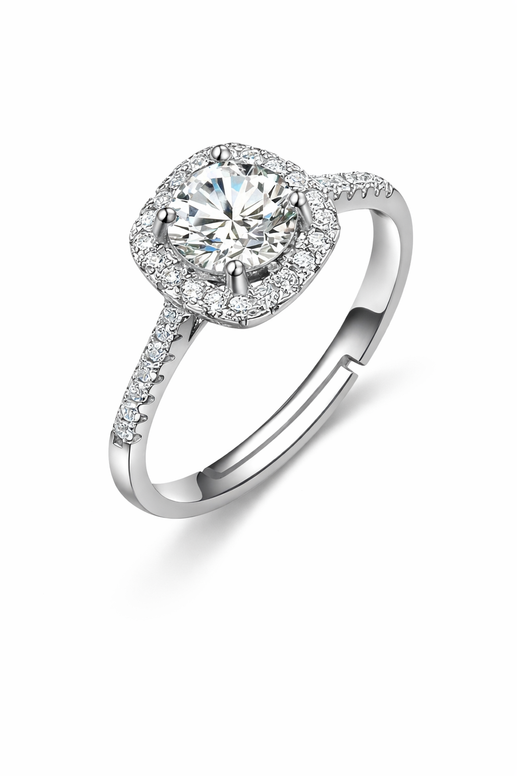 Selene Ring – Runder Zirkonia mit quadratischem Pavé-Halo und Pavé-Schiene, Edelstahl mit Platinbeschichtung
