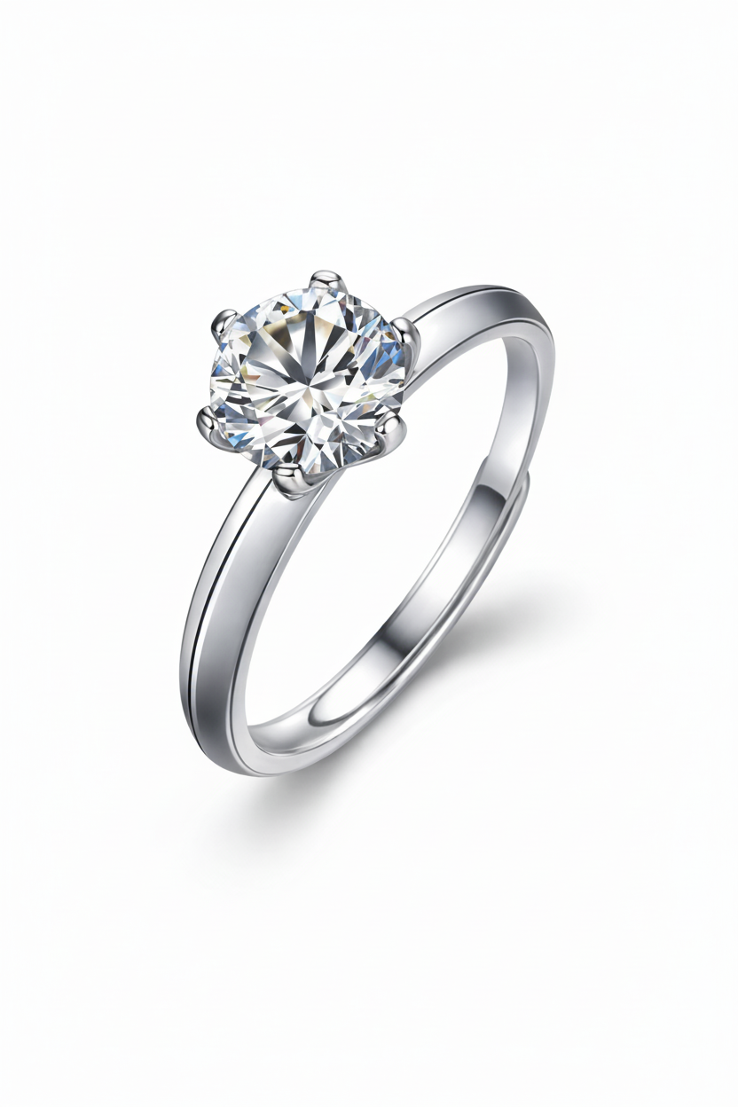 Undina Ring – Zirkonia mit Sechskrallen auf massiver Ringschiene mit erhabenem Mittelgrat, Edelstahl mit Platinbeschichtung