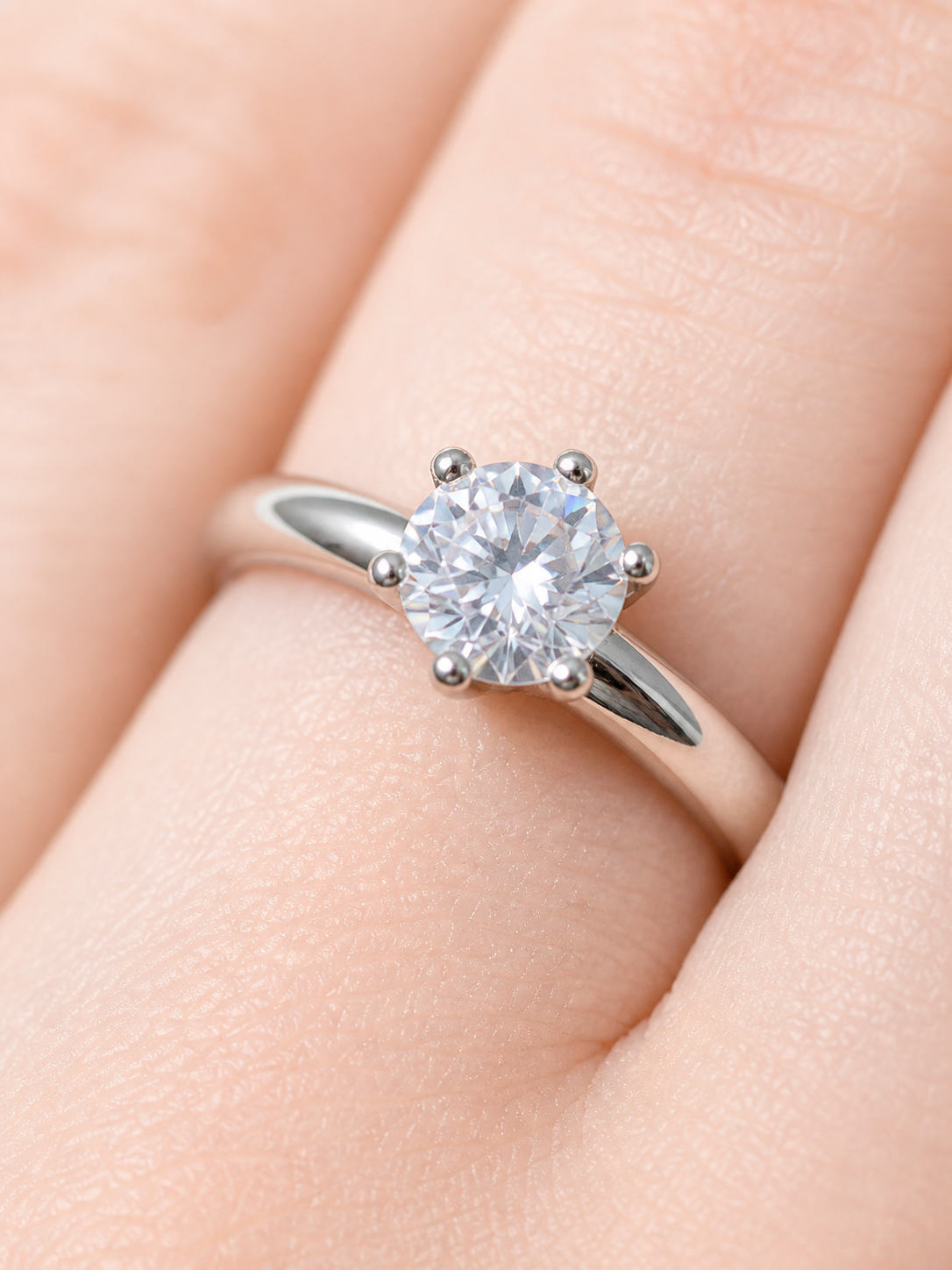 Undina Ring – Zirkonia mit Sechskrallen auf massiver Ringschiene mit erhabenem Mittelgrat, Edelstahl mit Platinbeschichtung