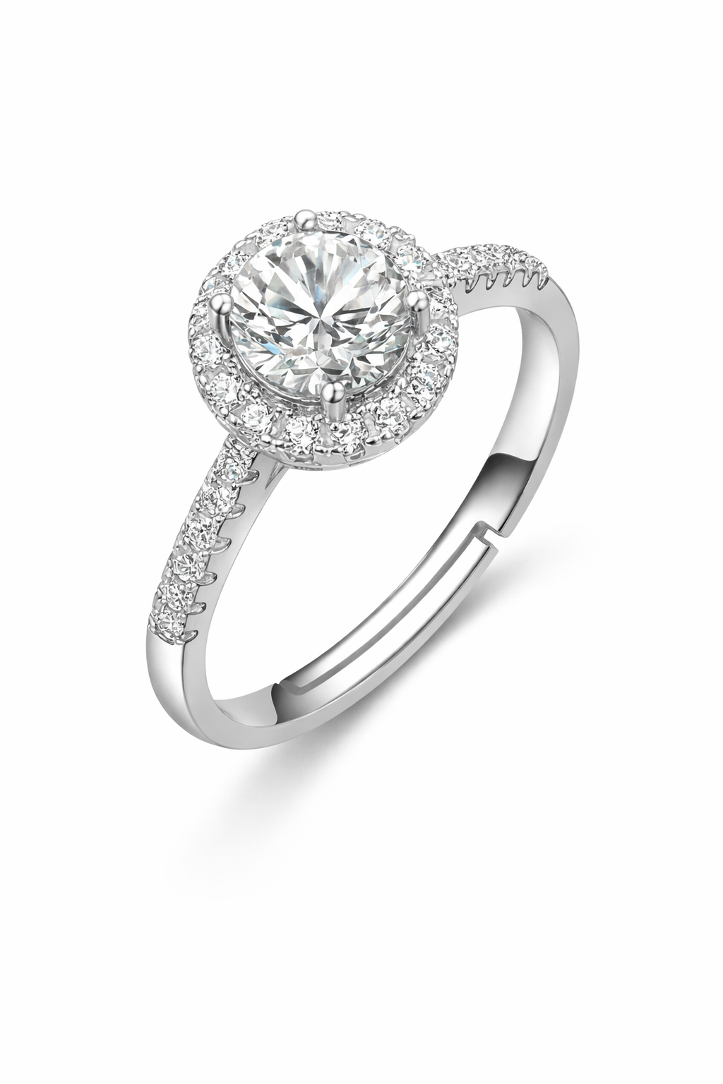 Persephone Ring – Zirkonia mit Halo-Fassung und Pavé-Besatz, Edelstahl mit Platinbeschichtung