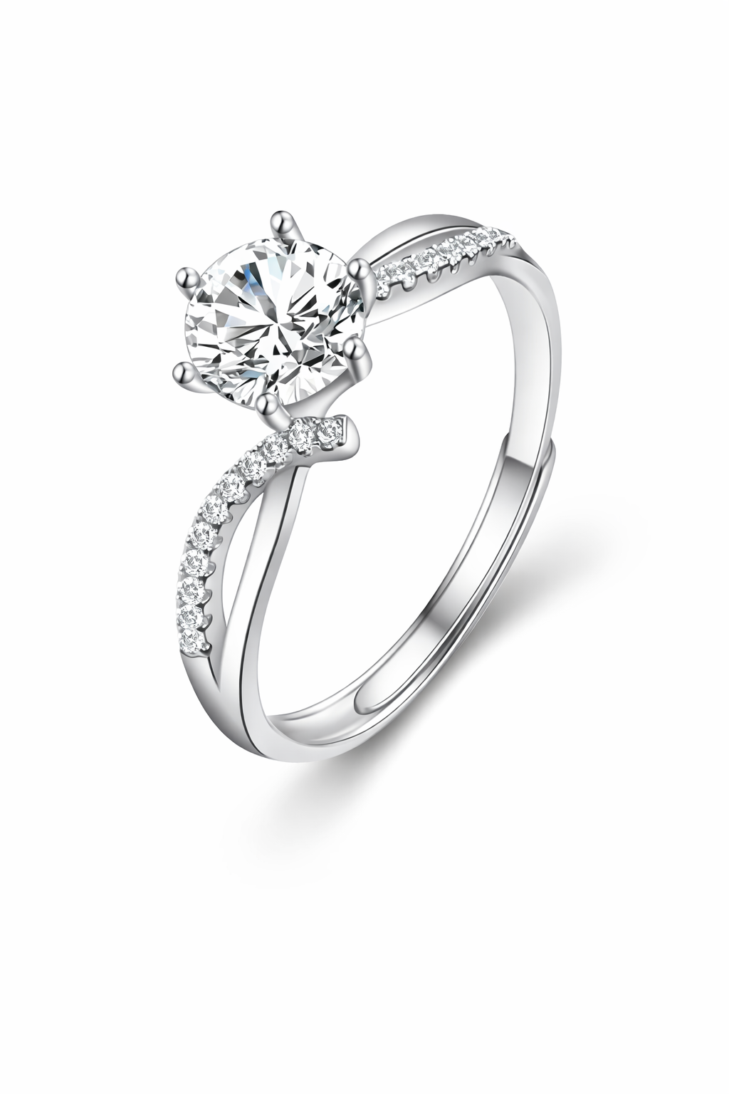Calypso Ring – Zirkonia mit Sechskrallen und geteilter Ringschiene: eine Seite Pavé, eine Seite glatt poliert, Edelstahl mit Platinbeschichtung