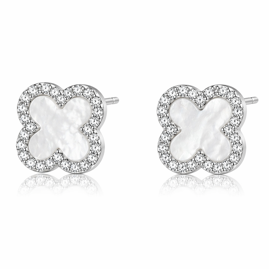 Trèfle Nacré Luxe Ohrringe – Edelstahl mit Platinbeschichtung – Kleeblatt & Perlmutt | Alextra Jewelry