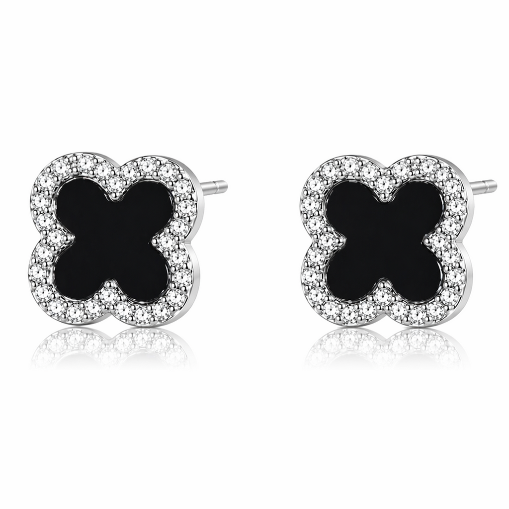 Trèfle Noir Luxe Ohrringe – Edelstahl mit Platinbeschichtung – Kleeblatt & Schwarz | Alextra Jewelry