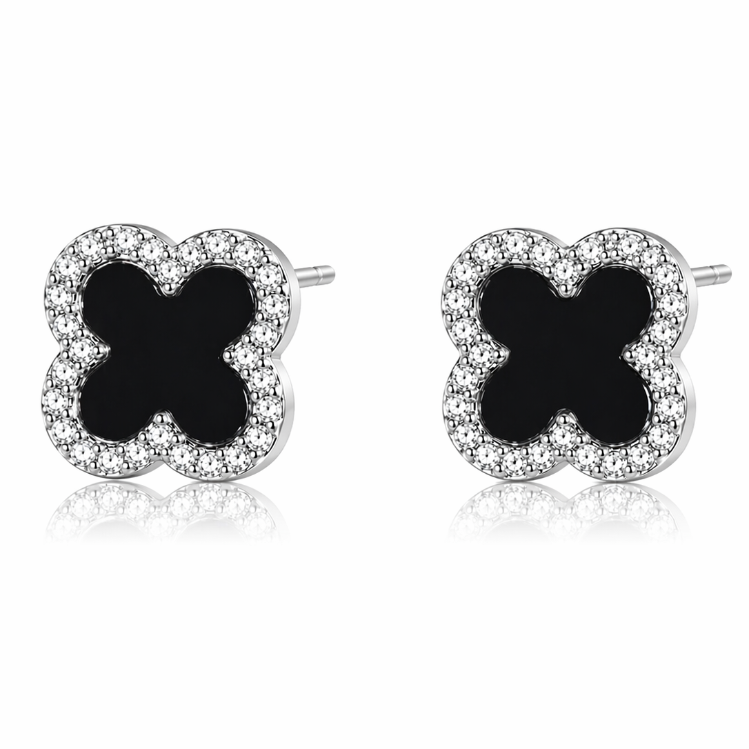 Trèfle Noir Luxe Ohrringe – Edelstahl mit Platinbeschichtung – Kleeblatt & Schwarz | Alextra Jewelry