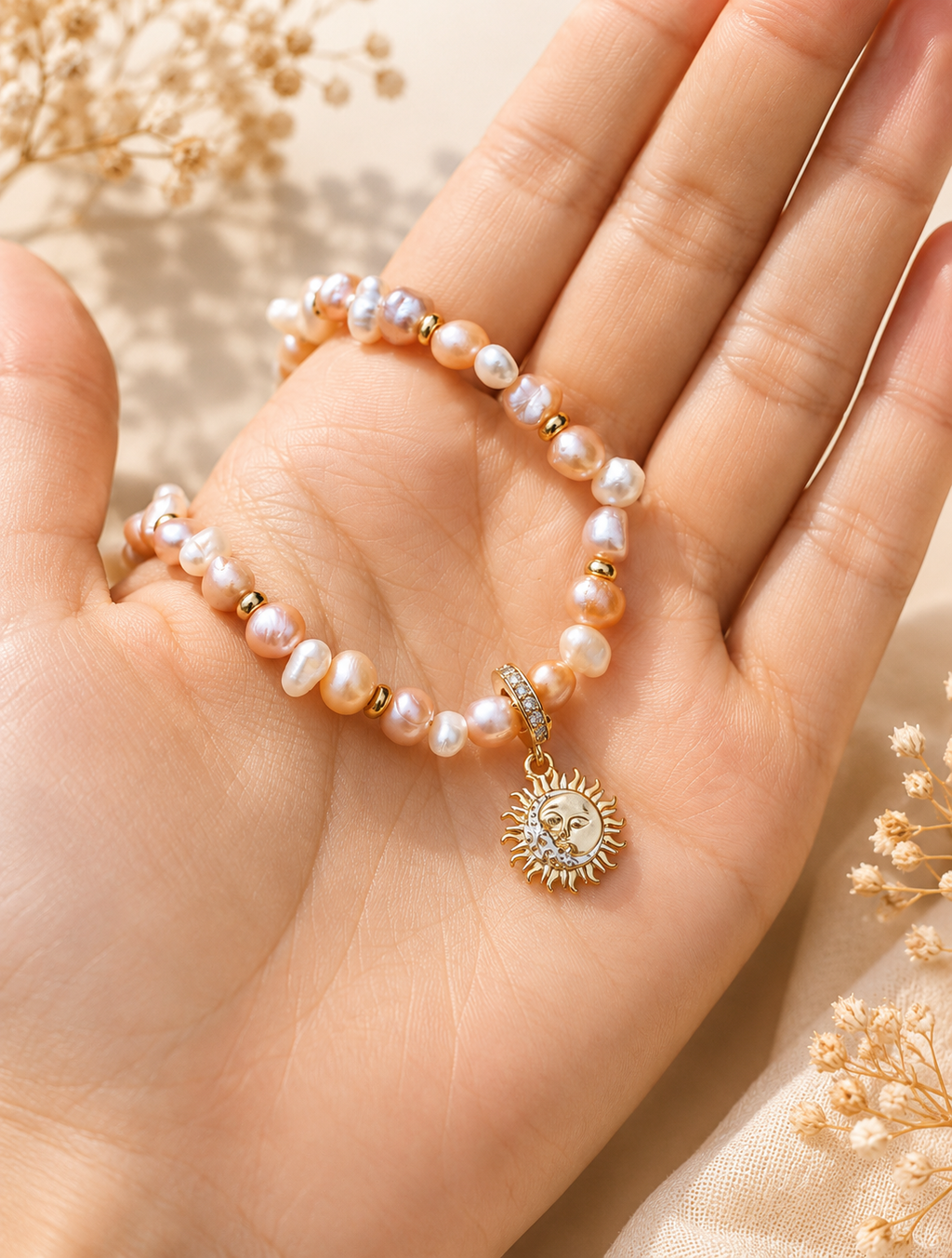 Perlenkuss Collier – natürliche Süßwasserperlen in Rosa und Weiß mit goldenem Sonnen-Anhänger aus Sterlingsilber, Alextra Boutique Studio
