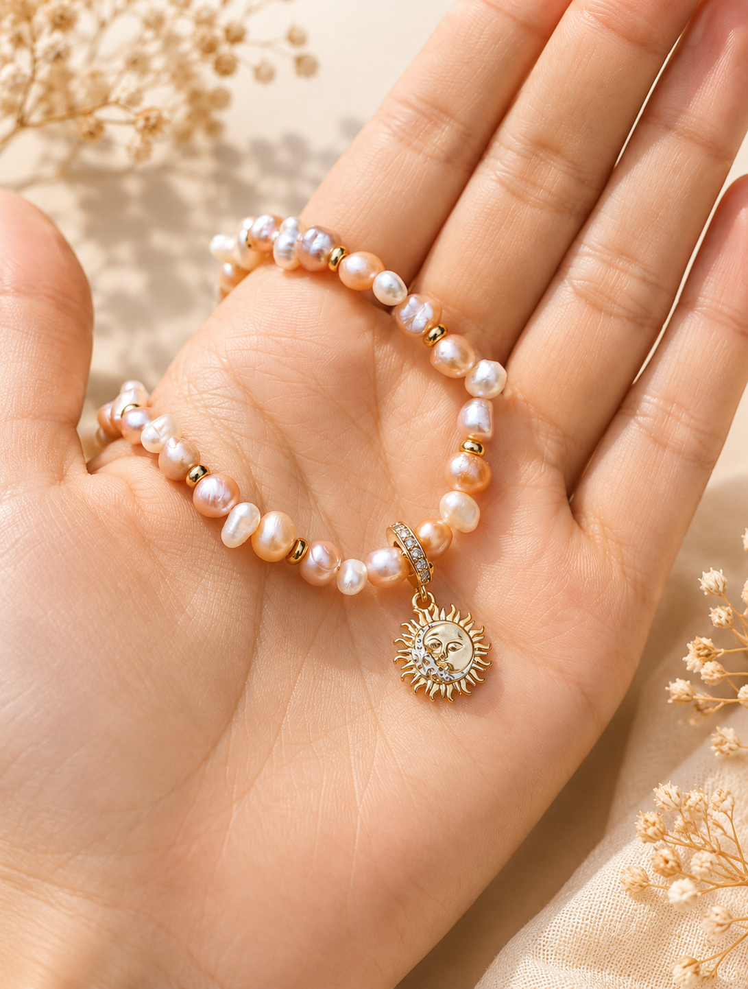 Perlenkuss Collier – natürliche Süßwasserperlen in Rosa und Weiß mit goldenem Sonnen-Anhänger aus Sterlingsilber, Alextra Boutique Studio