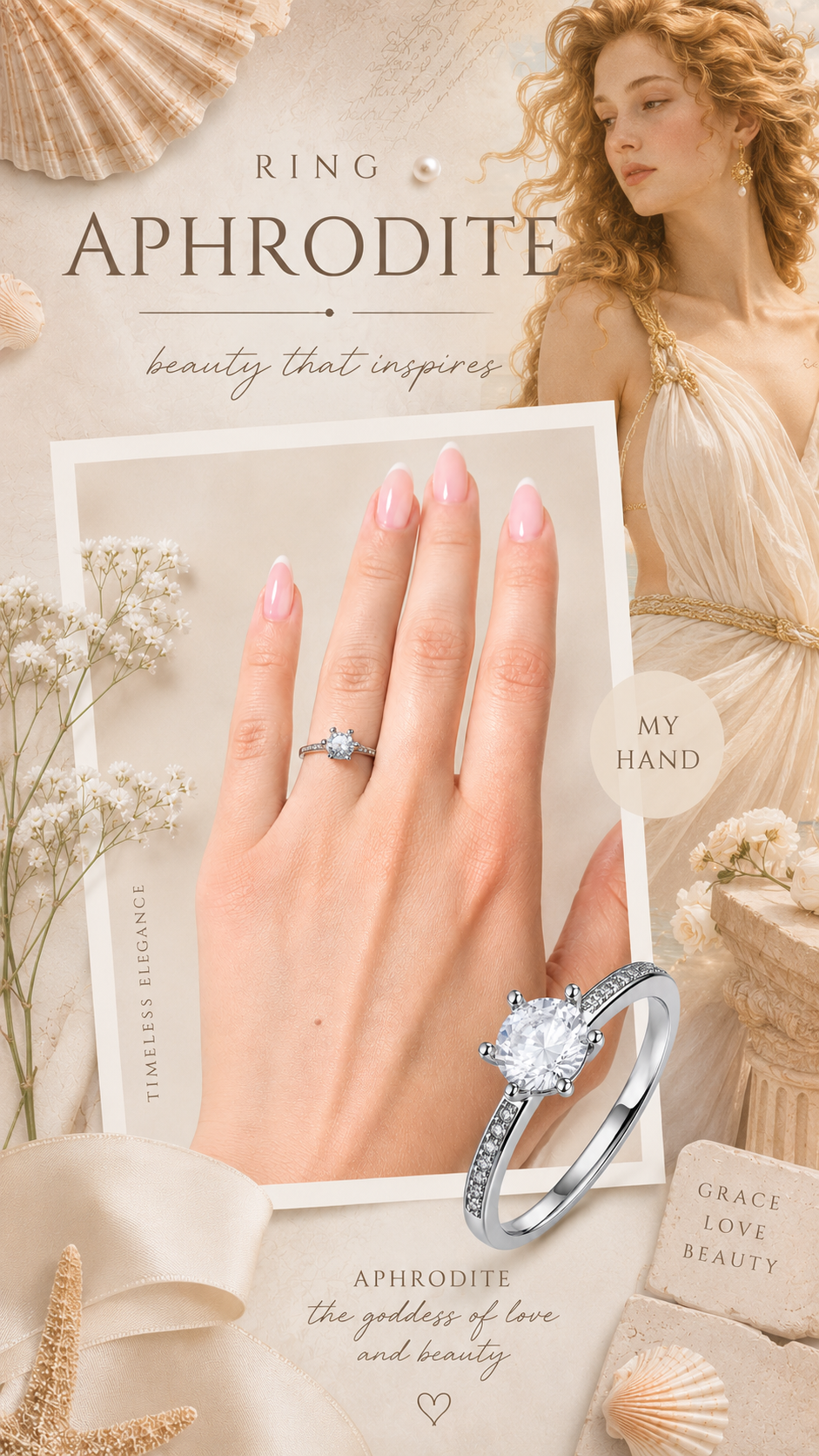 Aphrodite Ring – Zirkonia-Solitär mit Sechskrallen-Fassung und Pavé-Besatz, Edelstahl mit Platinbeschichtung