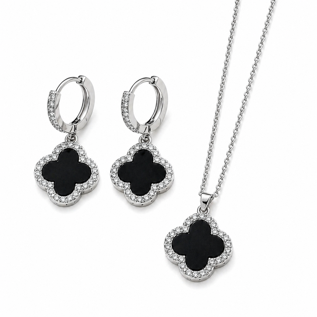 Trèfle Noir Set – Silber, schwarzes Kleeblatt Ohrringe und Collier mit Zirkonia, silberfarben