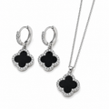 Trèfle Noir Set – Silber, schwarzes Kleeblatt Ohrringe und Collier mit Zirkonia, silberfarben