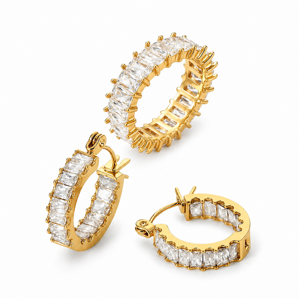 Aurore Blanc Set – Eternity Ring und Creolen mit kristallklaren Baguette-Zirkonias und 18K Goldvergoldung | Alextra Jewelry