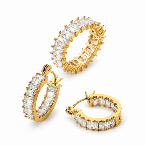 Aurore Blanc Set – Eternity Ring und Creolen mit kristallklaren Baguette-Zirkonias und 18K Goldvergoldung | Alextra Jewelry