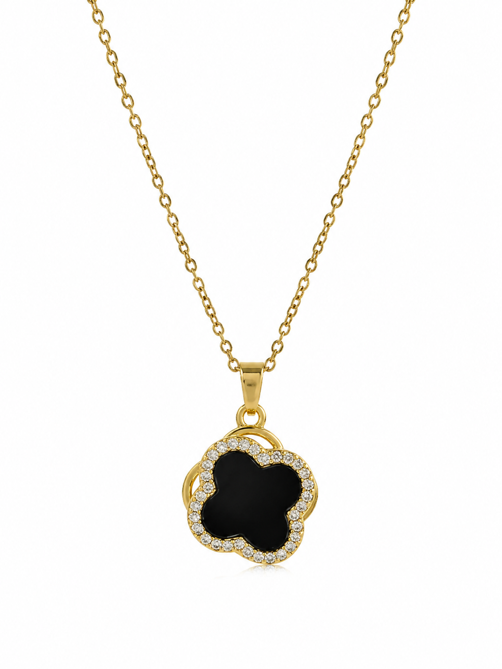 Trèfle Noir Collier – Gold, schwarzes Kleeblatt mit Zirkonia, drehbarer Anhänger, 18K Goldvergoldung