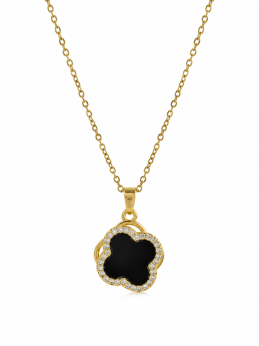 Trèfle Noir Collier – Gold, schwarzes Kleeblatt mit Zirkonia, drehbarer Anhänger, 18K Goldvergoldung