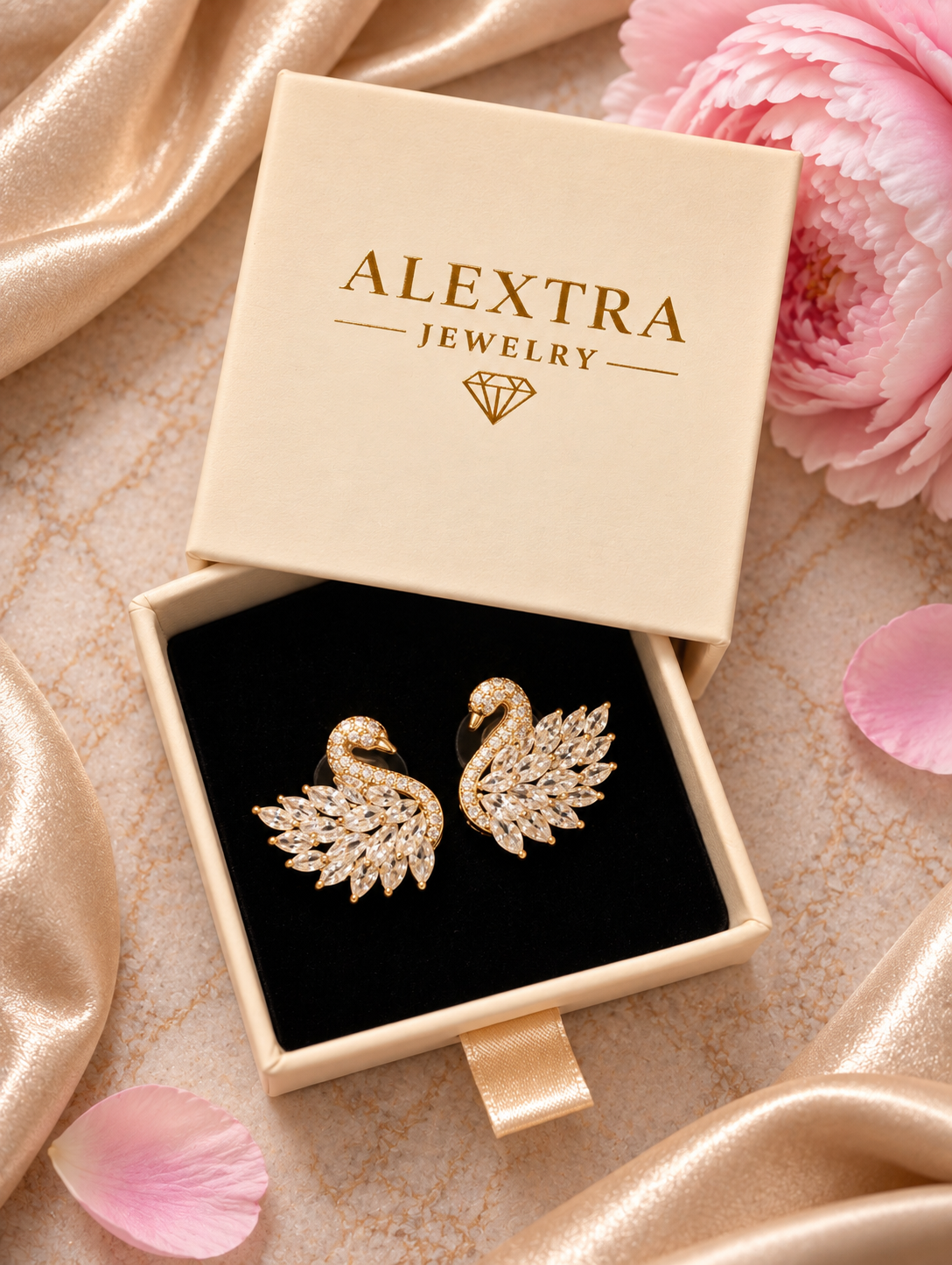 Goldschimmer Schwanohrringe in Alextra Jewelry Geschenkbox auf schwarzem Einsatz, neben rosa Blüte und hellem Satinstoff