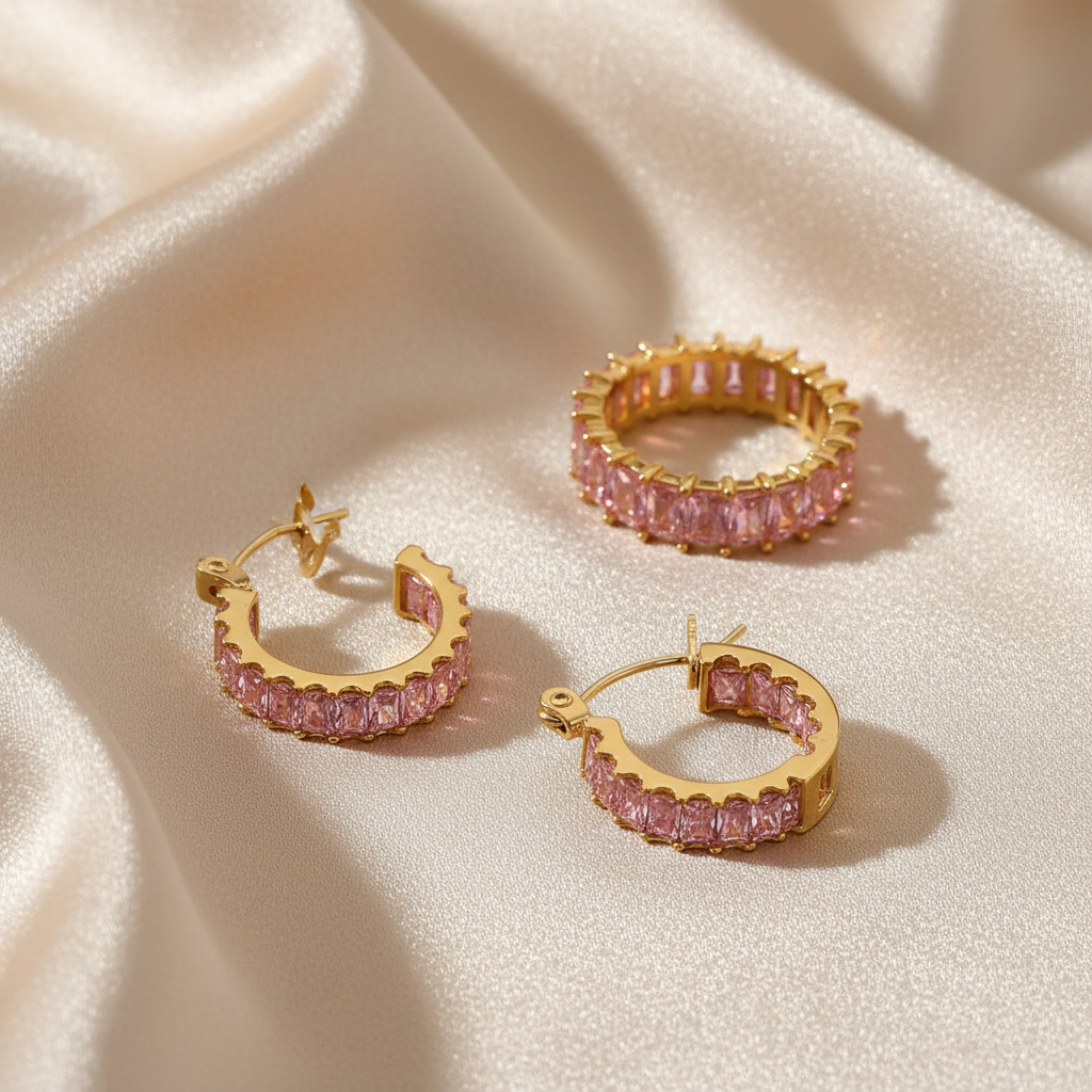 Aurore Rose Set – Eternity Ring und Creolen mit rosafarbenen Baguette-Zirkonias und 18K Goldvergoldung | Alextra Jewelry