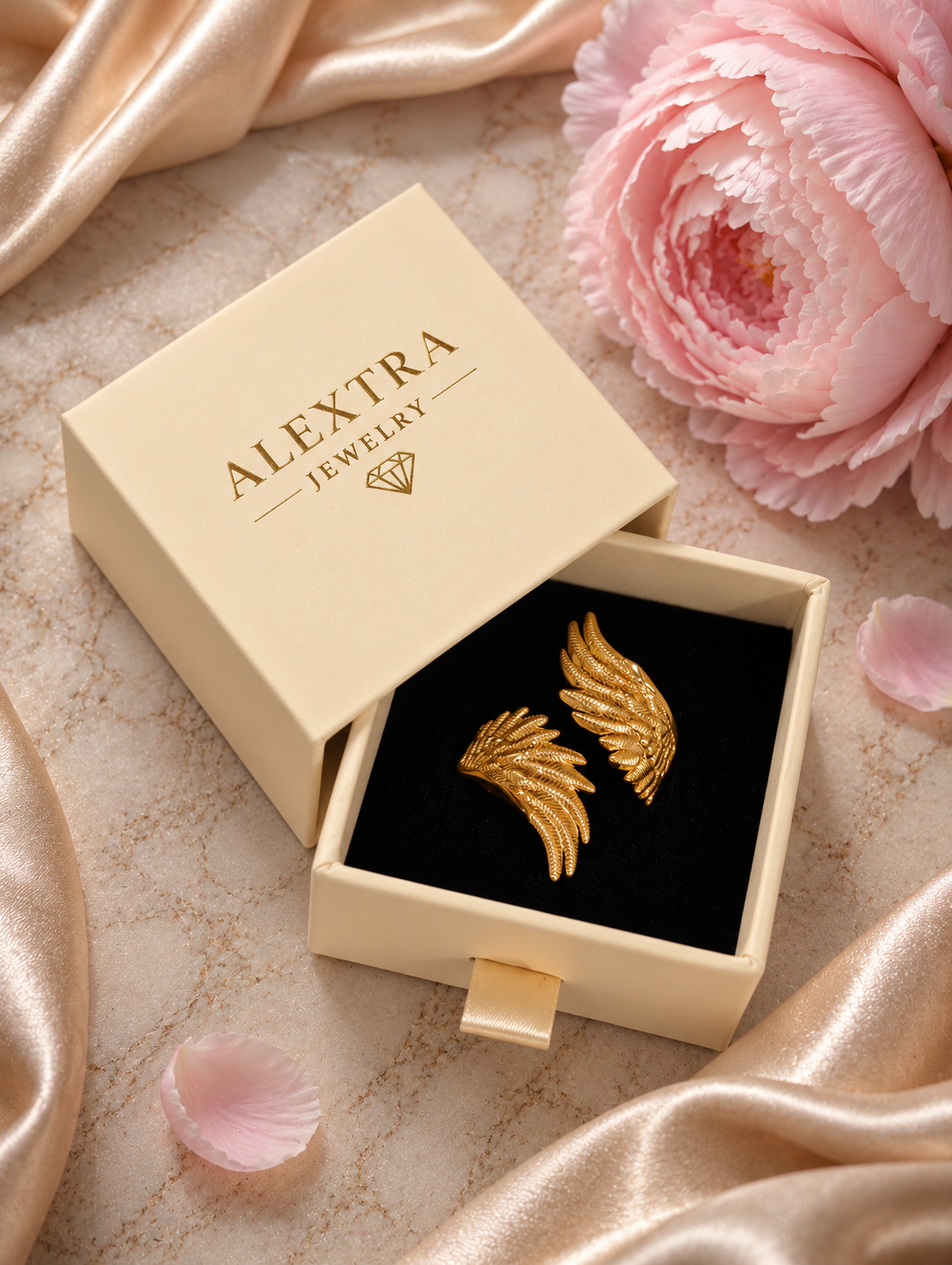 Goldfarbener Flügelring in einer Alextra Jewelry Schmuckbox mit rosa Blüte