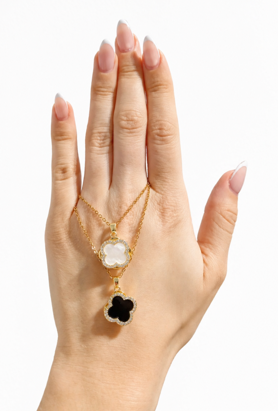 Trèfle Collier – Gold, Kleeblatt mit Zirkonia, drehbarer Anhänger, 18K Goldvergoldung