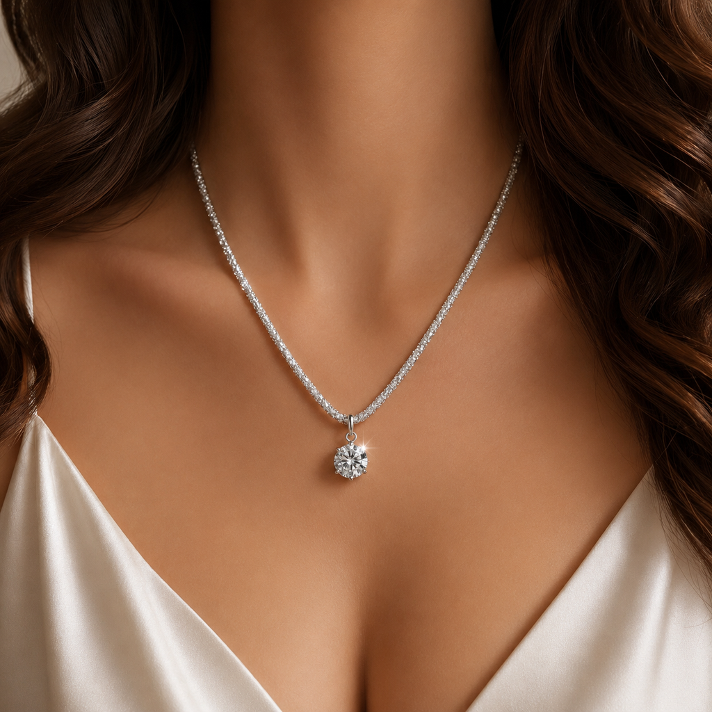 Céleste Collier Silber – Halskette mit Flechtwerk-Kette und Zirkonia-Solitär 