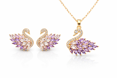 Cygne Éternel Parure – Edelstahl mit 18K Goldvergoldung – Schwan Schmuckset Gold & Flieder | Alextra Jewelry