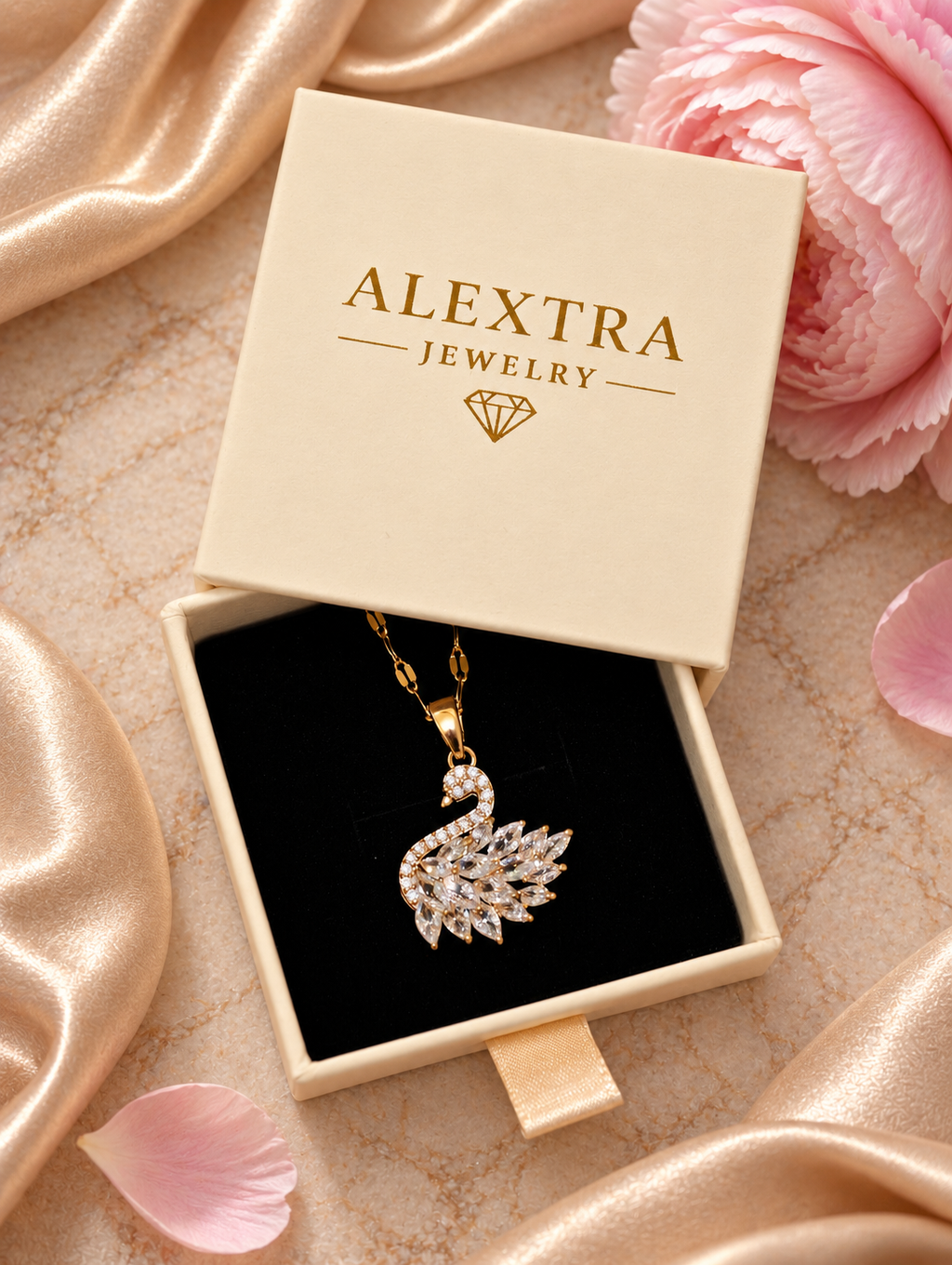 Goldschimmer Schwan-Collier mit Zirkonia-Schwan-Anhänger in Alextra Jewelry Geschenkbox auf schwarzem Einsatz, neben rosa Blüte