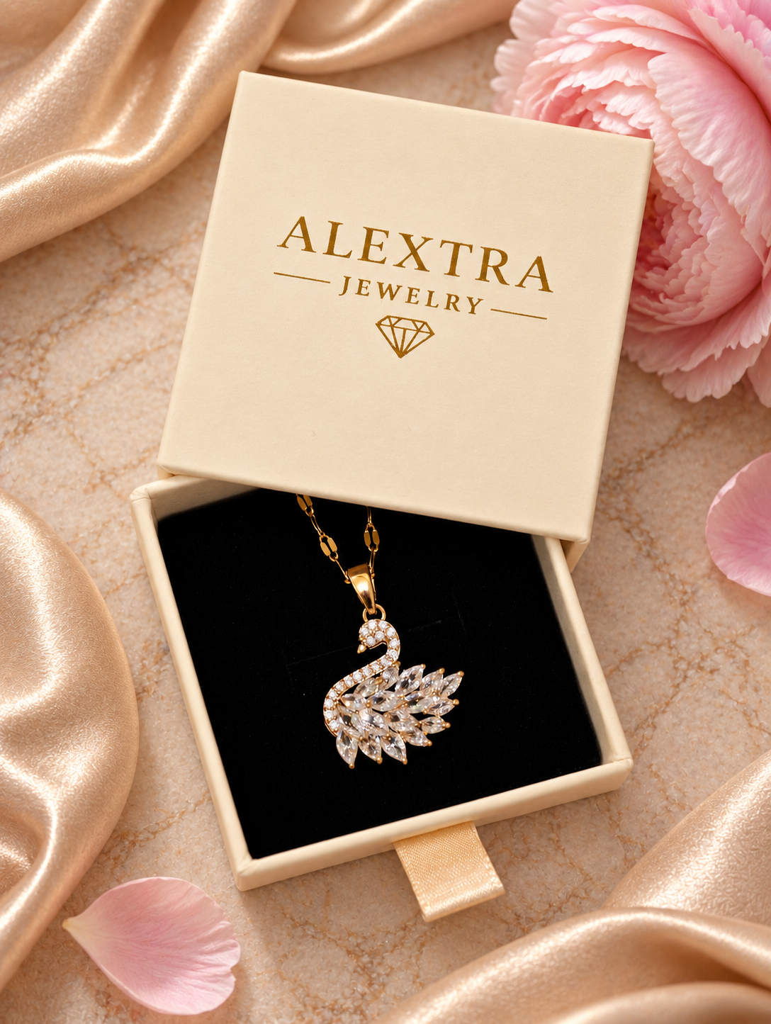 Goldschimmer Schwan-Collier mit Zirkonia-Schwan-Anhänger in Alextra Jewelry Geschenkbox auf schwarzem Einsatz, neben rosa Blüte