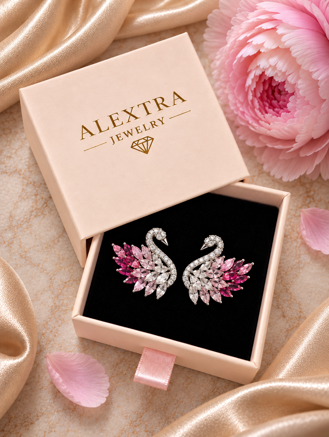Rosentraum Schwanohrringe in rosa Alextra Jewelry Geschenkbox auf schwarzem Einsatz, neben rosa Blüte und hellem Satinstoff