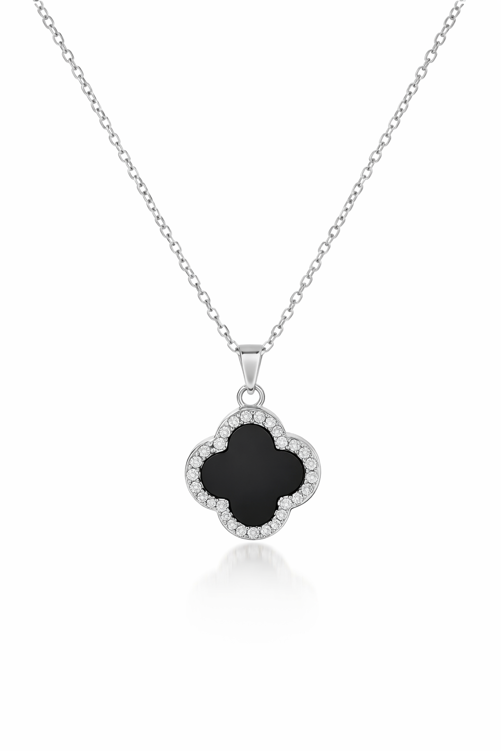 Trèfle Noir Collier – Silber, schwarzes Kleeblatt mit Zirkonia, drehbarer Anhänger