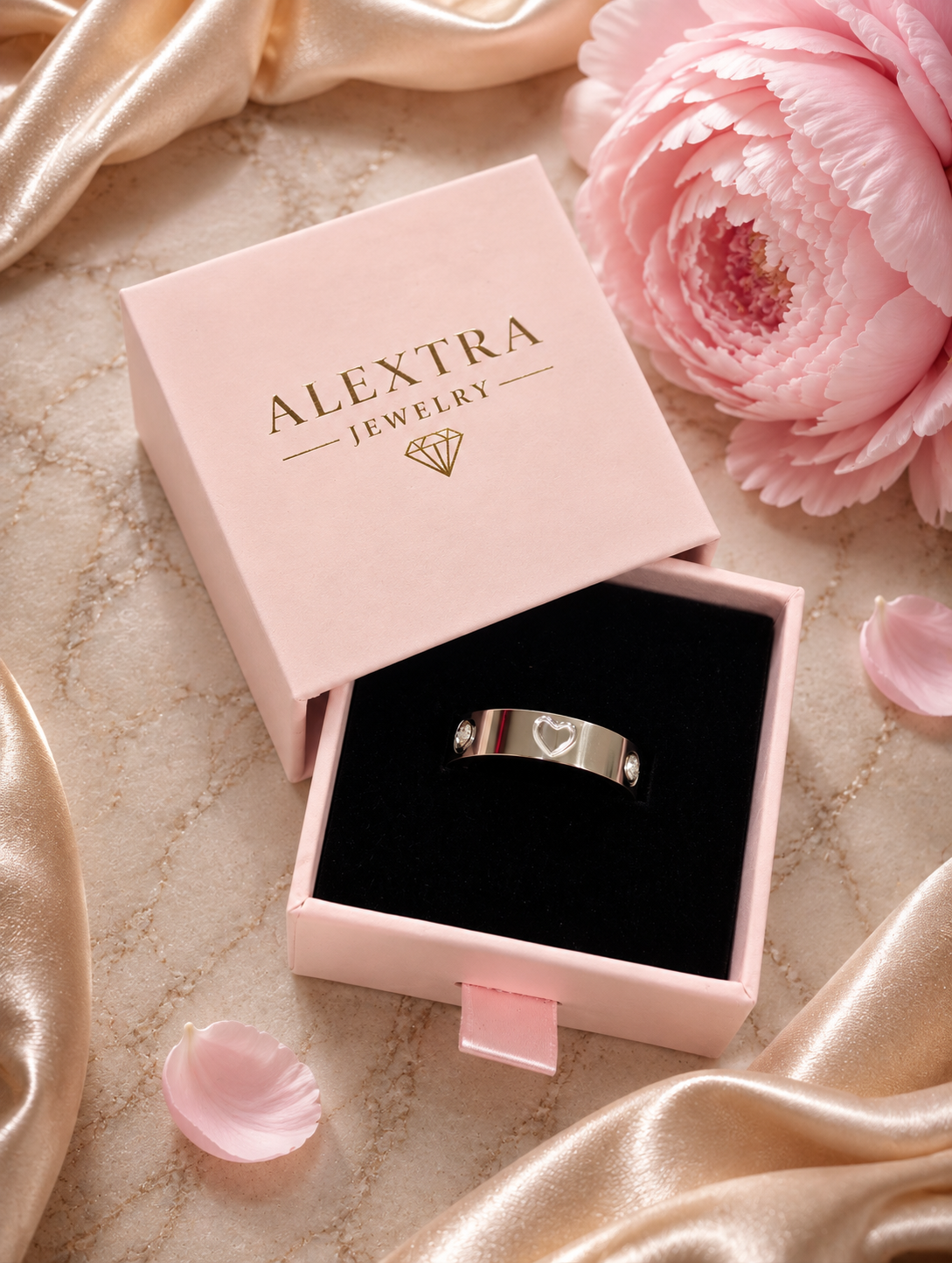 Silberfarbener Juliette Ring mit Herz-Gravur in einer Alextra Jewelry Schmuckbox