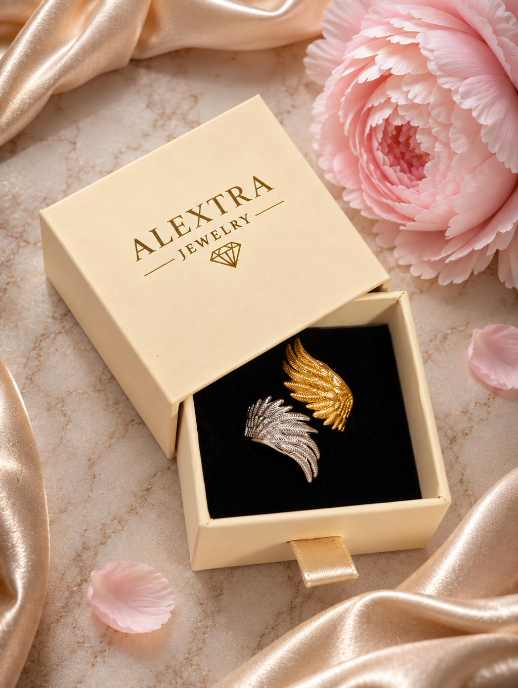 Bicolor Flügelring mit goldfarbenem und silberfarbenem Flügel in einer Alextra Jewelry Schmuckbox
