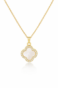 Trèfle Nacré Collier – Gold, Perlmutt-Kleeblatt mit Zirkonia, drehbarer Anhänger, 18K Goldvergoldung.
