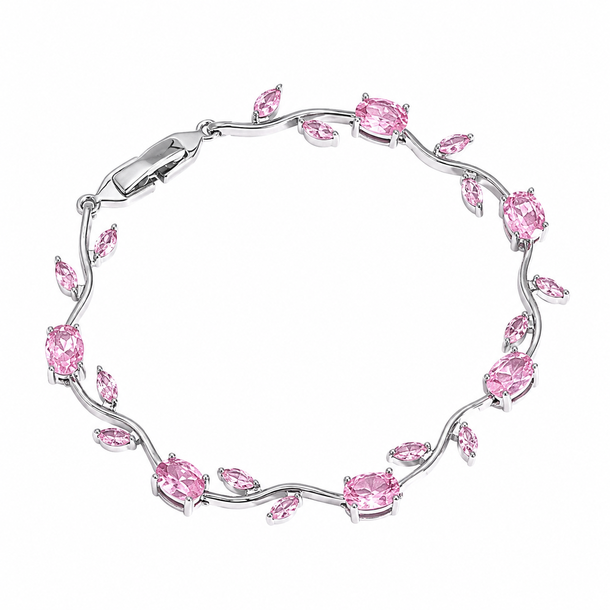Tulipa Rose Armband in silberfarbener Ausführung mit rosafarbenen Zirkonia-Steinen, Draufsicht auf weißem Hintergrund
