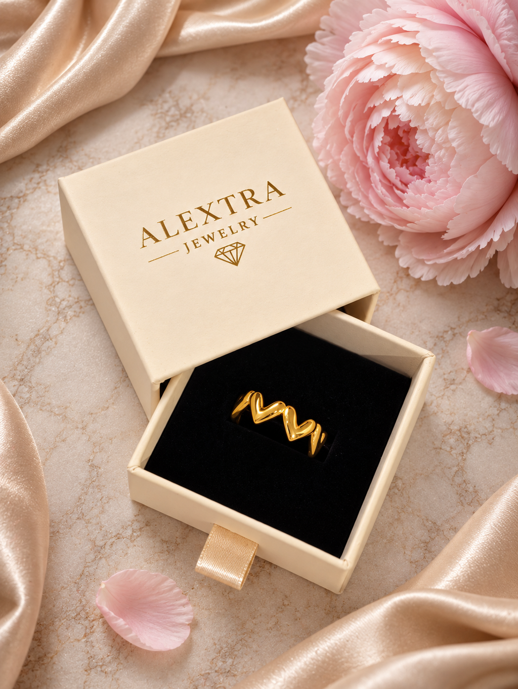 Goldfarbener Herzband Ring in einer Alextra Jewelry Schmuckbox
