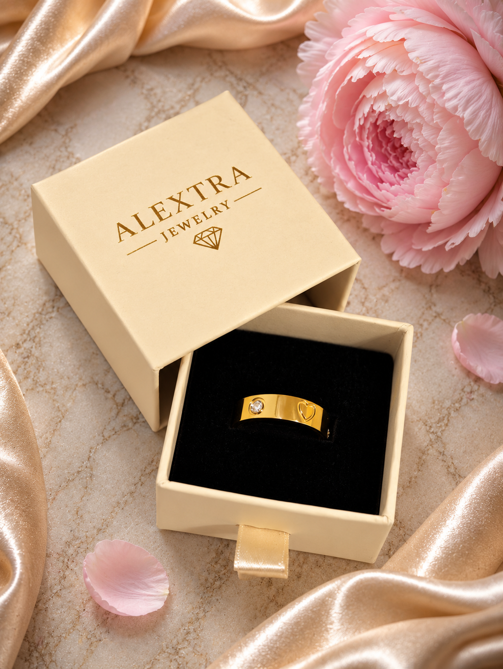 Goldfarbener Juliette Ring mit Herz-Gravur in einer Alextra Jewelry Schmuckbox
